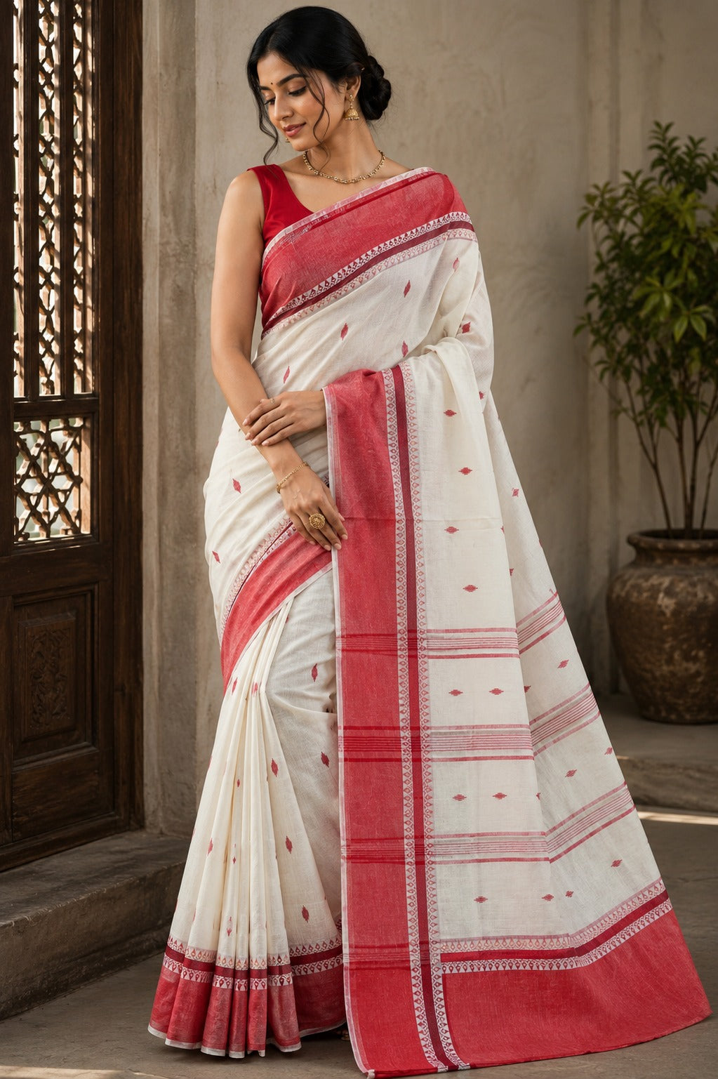 Ivory Handloom Cotton Saree with Coral Red Border and Traditional Motifs