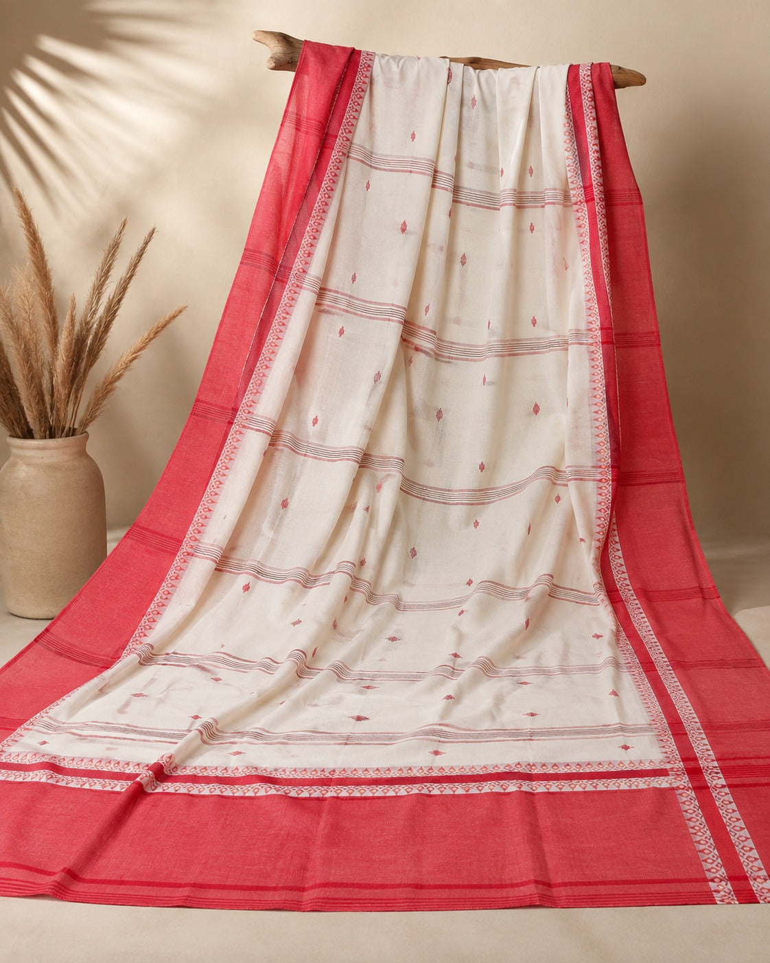 Ivory Handloom Cotton Saree with Coral Red Border and Traditional Motifs