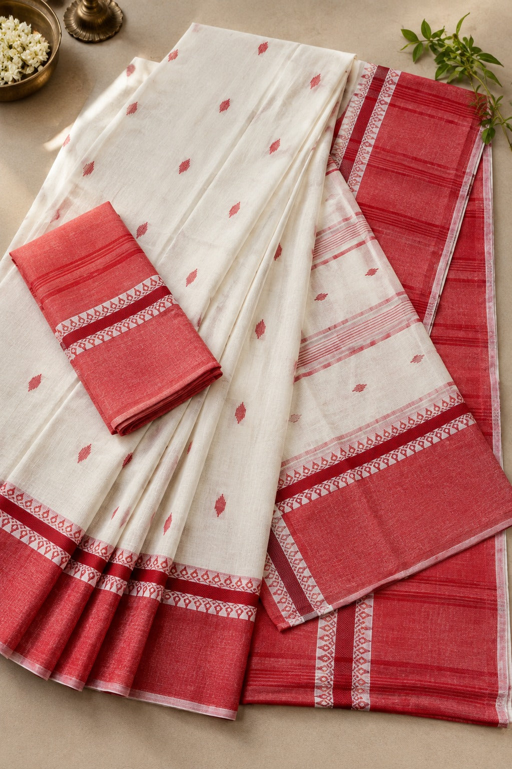 Ivory Handloom Cotton Saree with Coral Red Border and Traditional Motifs