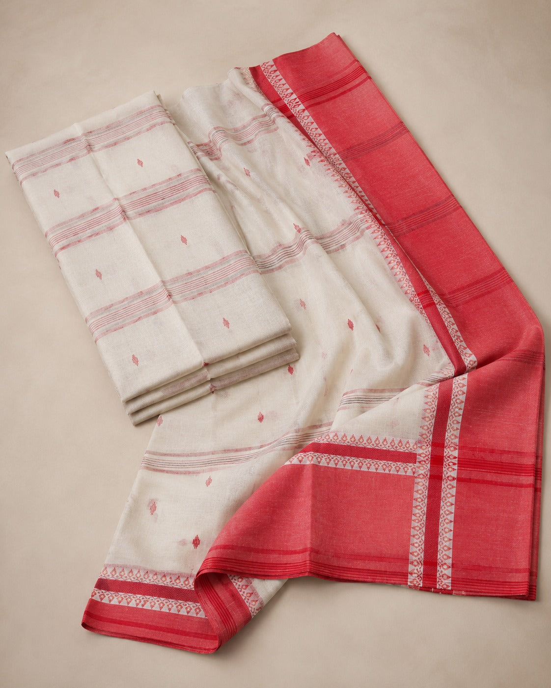 Ivory Handloom Cotton Saree with Coral Red Border and Traditional Motifs