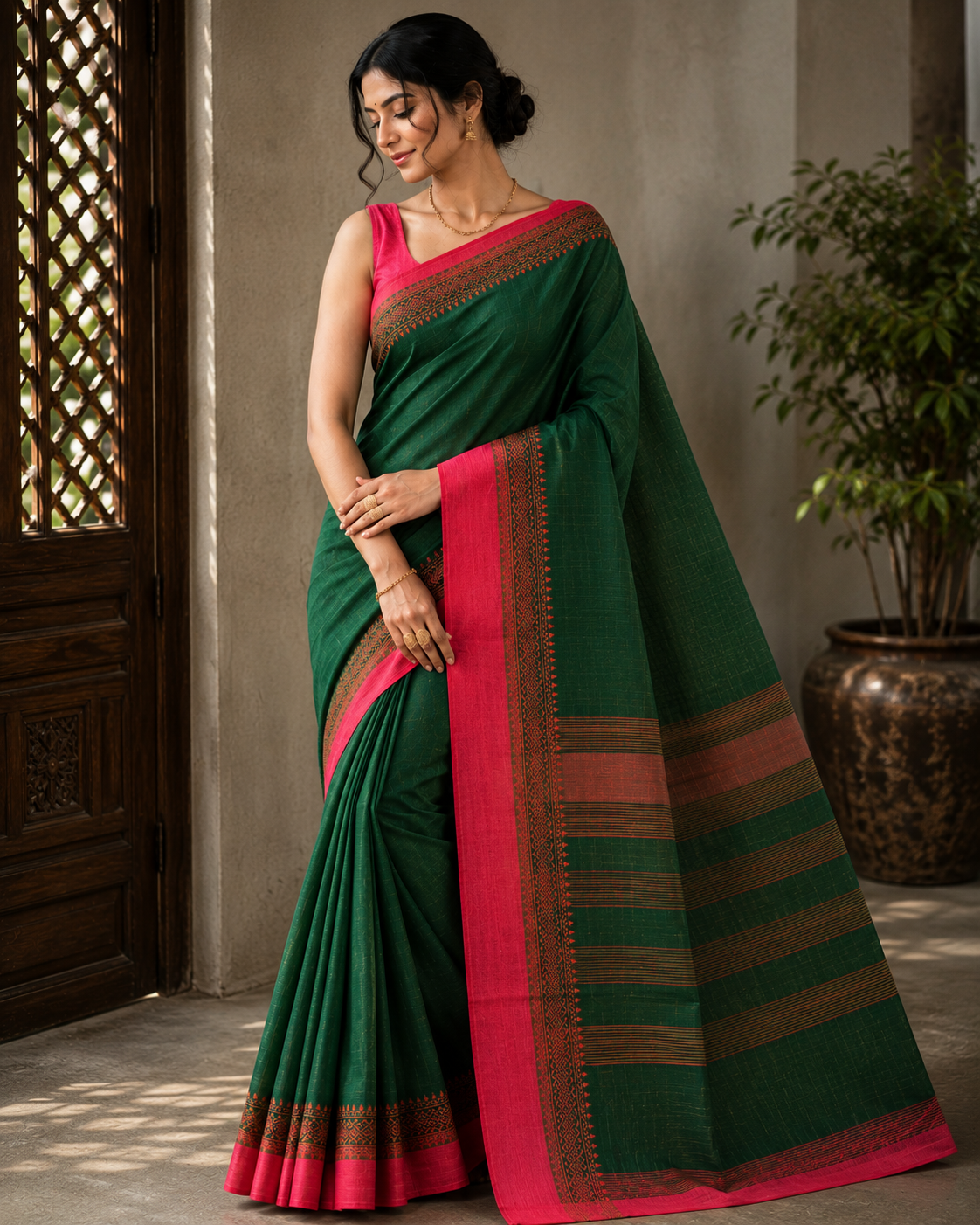Premium Handwoven Green & Red Traditional Saree with Designer Border