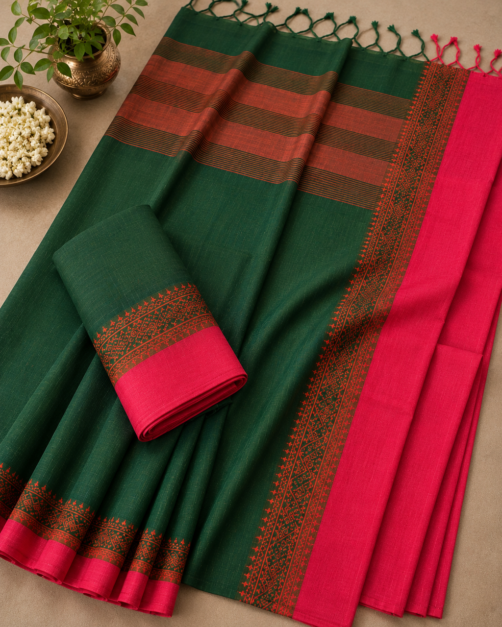 Premium Handwoven Green & Red Traditional Saree with Designer Border