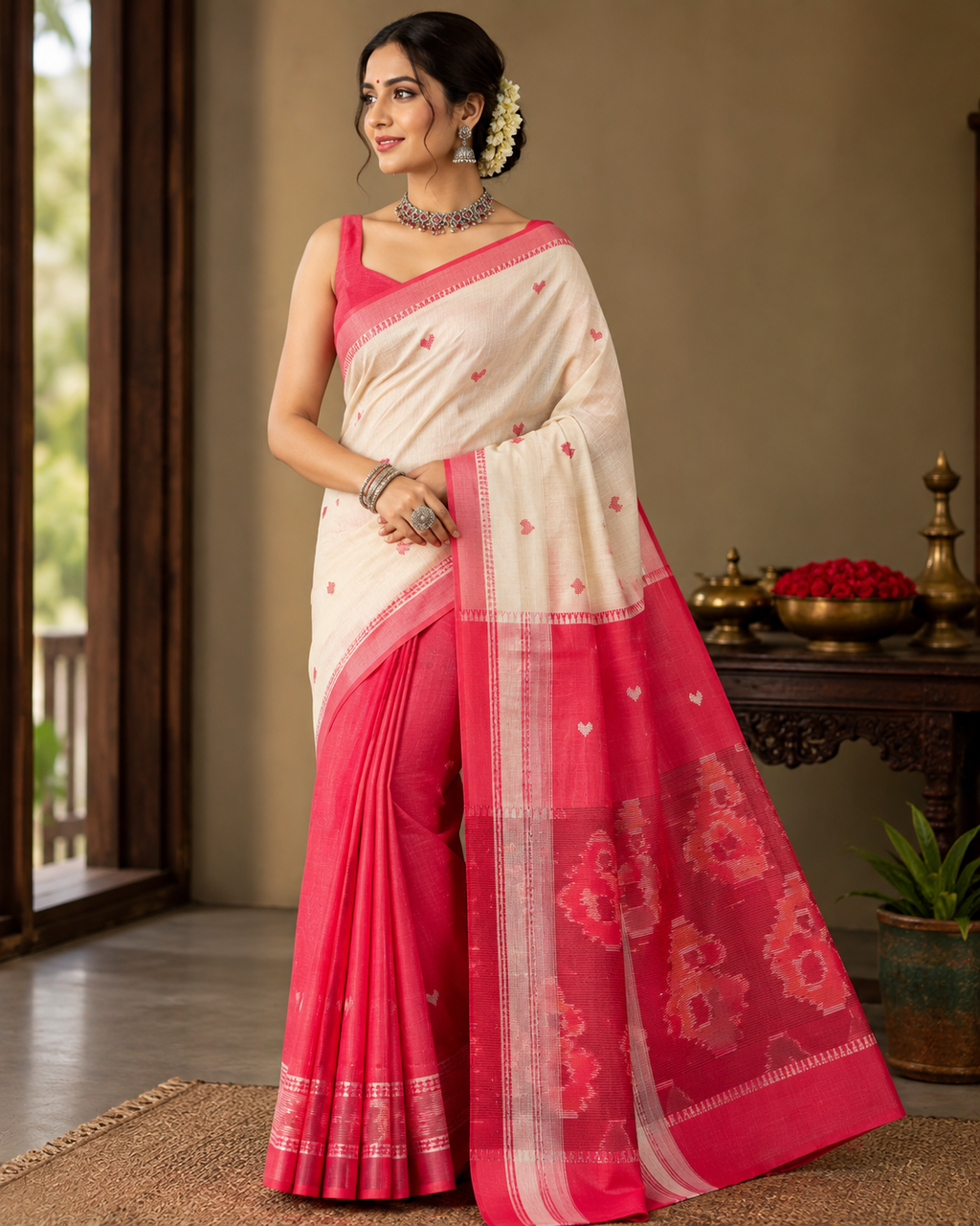 Premium Handwoven Cream & Red Saree with Heart Motifs & Artistic Paisley Pallu