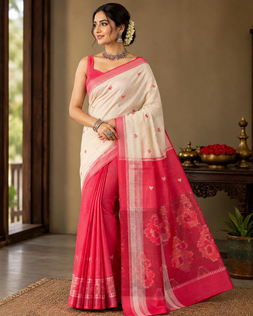 Premium Handwoven Cream & Red Saree with Heart Motifs & Artistic Paisley Pallu
