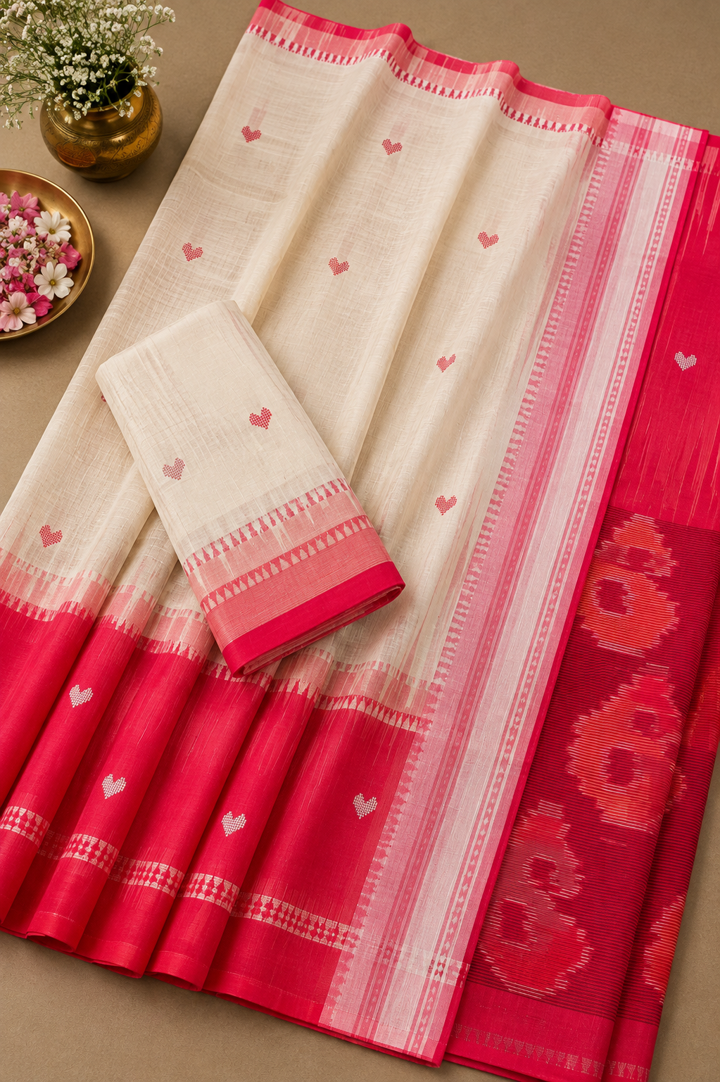 Premium Handwoven Cream & Red Saree with Heart Motifs & Artistic Paisley Pallu