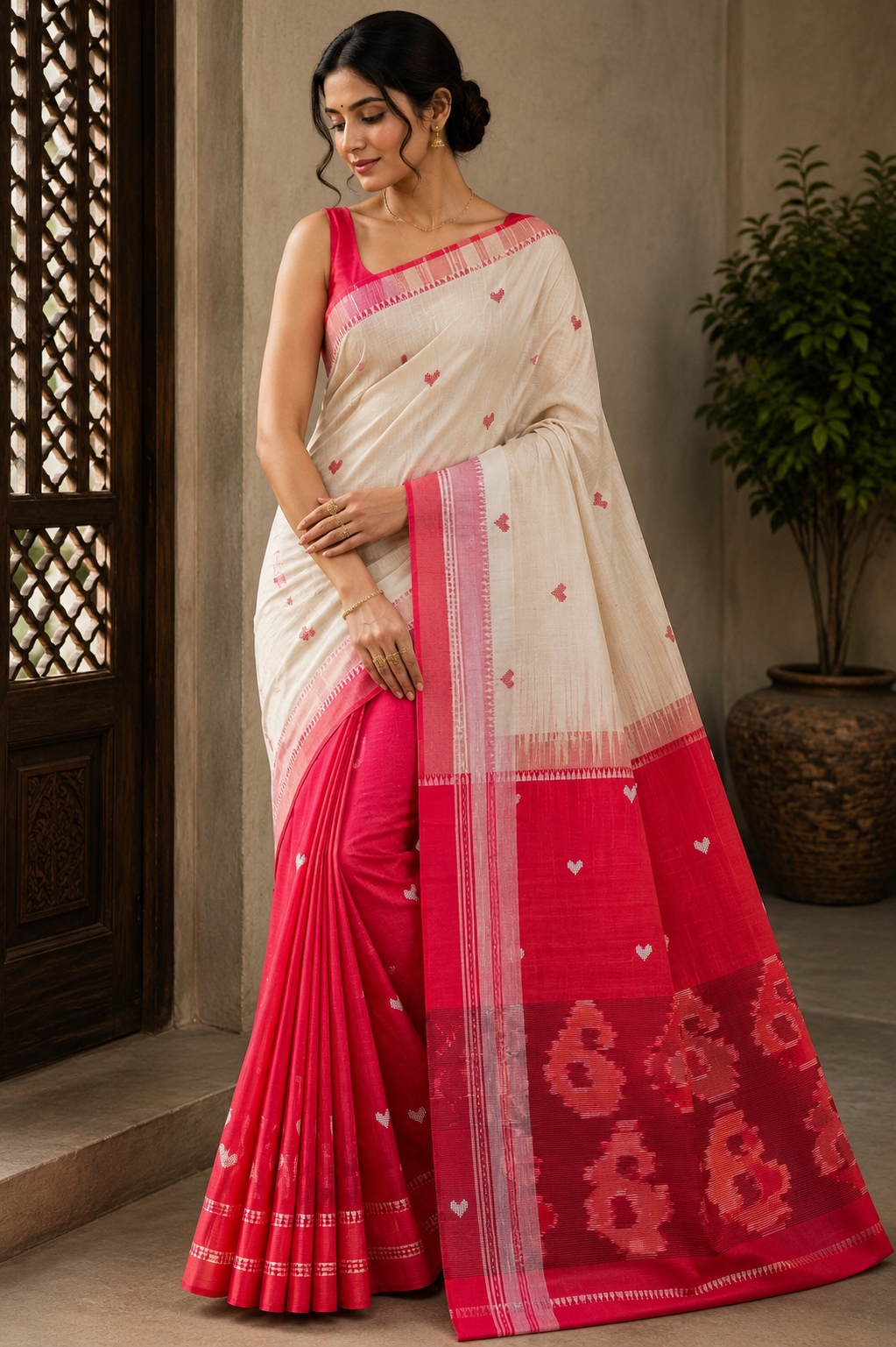 Premium Handwoven Cream & Red Saree with Heart Motifs & Artistic Paisley Pallu