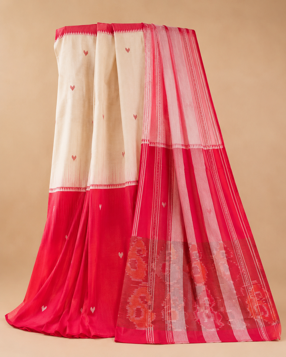 Premium Handwoven Cream & Red Saree with Heart Motifs & Artistic Paisley Pallu